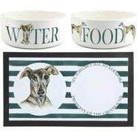 Greyhound Dog Bowls & Mat Set - Large White Ceramic Food/Water Dish Gift