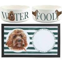 Labradoodle Dog Bowls & Mat Set - Large White Ceramic Food/Water Dish Gift