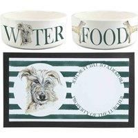 Lurcher Dog Bowls & Mat Set - Large White Ceramic Food/Water Dish Gift