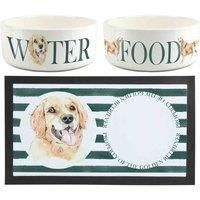 Golden Retriever Dog Bowls & Mat Set - Large White Ceramic Food/Water Dish Gift