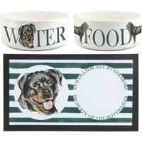 Rottweiler Pet Bowls & Mat Set - Painted Dog Portraits by Rhiannon Chauncey - Large White Ceramic Food & Water Dishes and Non-Slip Rubber Mat For Dogs (Set of 3)