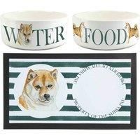 Shiba Inu Dog Bowls & Mat Set - Large White Ceramic Food/Water Dish Gift
