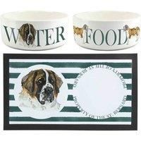St Bernard Dog Bowls & Mat Set - Large White Ceramic Food/Water Dish Gift