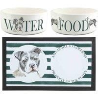 Staffy Dog Bowls & Mat Set - Large White Ceramic Food/Water Dish Gift