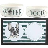 Frenchie Pet Bowls & Mat Set - Painted Dog Portraits by Rhiannon Chauncey - White Ceramic Food & Water Dishes and Non-Slip Rubber Mat For Dogs (Set of 3)