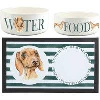 Dachshund Pet Bowls & Mat Set - White Ceramic Food & Water Dishes Gifts