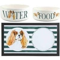 Cavalier King Charles Spaniel Pet Bowls & Mat Set - Painted Dog Portraits by Rhiannon Chauncey - White Ceramic Food & Water Dishes and Non-Slip Rubber Mat For Dogs (Set of 3)