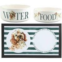 Cockapoo Pet Bowls & Mat Set - Painted Dog Portraits by Rhiannon Chauncey - White Ceramic Food & Water Dishes and Non-Slip Rubber Mat For Dogs (Set of 3)