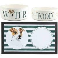 Jack Russell Pet Bowls & Mat Set - Painted Dog Portraits by Rhiannon Chauncey - White Ceramic Food & Water Dishes and Non-Slip Rubber Mat For Dogs (Set of 3)