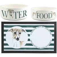 Whippet Pet Bowls & Mat Set - Painted Dog Portraits by Rhiannon Chauncey - White Ceramic Food & Water Dishes and Non-Slip Rubber Mat For Dogs (Set of 3)