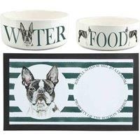 Purely Home Boston Terrier Pet Mat, Food & Water Bowl Set