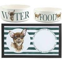 Chihuahua Pet Bowls & Mat Set - White Ceramic Food & Water Dishes Gifts