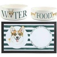 Corgi Pet Bowls & Mat Set - Painted Dog Portraits by Rhiannon Chauncey - White Ceramic Food & Water Dishes and Non-Slip Rubber Mat For Dogs (Set of 3)