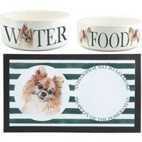 Pomeranian Pet Bowls & Mat Set - Painted Dog Portraits by Rhiannon Chauncey - White Ceramic Food & Water Dishes and Non-Slip Rubber Mat For Dogs (Set of 3)