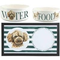 Miniature Poodle Pet Bowls & Mat Set - Painted Dog Portraits by Rhiannon Chauncey - White Ceramic Food & Water Dishes and Non-Slip Rubber Mat For Dogs (Set of 3)