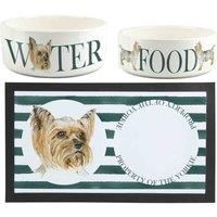 Purely Home Yorkie Pet Mat, Food & Water Bowl Set