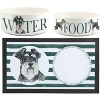 Miniature Schnauzer Pet Bowls & Mat Set - Painted Dog Portraits by Rhiannon Chauncey - White Ceramic Food & Water Dishes and Non-Slip Rubber Mat For Dogs (Set of 3)