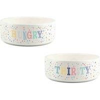 Hungry Thirsty Pet Bowl Set - Multicolour Speckles Food & Water Ceramic Food Bowls - Small White Feeding Dishes For Pets (Set of 2)