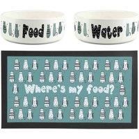Novelty Cat Pet Bowls & Mat Set - Wheres My Food Cat Gift - White Ceramic Food & Water Dishes and Non-Slip Rubber Mat For Cats (Set of 3)