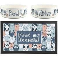 Novelty Cat Pet Bowls & Mat Set - Feed me Human Funny Cat Gift - White Ceramic Food & Water Dishes and Non-Slip Rubber Mat For Cats (Set of 3)