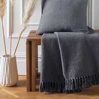 Drift Home - Charcoal Throw with Tassel (200 x 200cm) - Sustainable Recycled Cotton - Woven Blanket in Charcoal - Weaved/Textured Sofa Throw Blanket Charcoal - Grey Blanket/Bed Throw Extra Large
