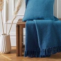 Drift Home - Teal Throw with Tassel (200 x 200cm) - Sustainable Recycled Cotton - Woven Blanket in Teal - Basket Weaved - Textured Sofa Throw Blanket Blue Teal - Teal Blue Blanket Extra Large