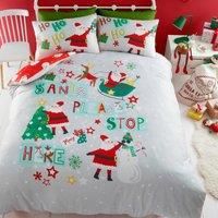 Bedlam - Cartoon Santa Please Stop Here Duvet Cover - Double Bedding Size (200 x 200cm) - Reversible (2 Designs) - 2x Pillowcases Included - Santa Sleigh, Snowman & Christmas Tree Christmas Bedding