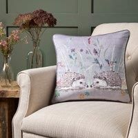 Dreams & Drapes - Grey Hedgehogs Cushion (43 x 43cm) - Filling Included - Piped Edge - Reversible Design - Grey Flannelette/Check Cushion - Woodland Floral Cushion with Cover Included/Cushion Insert