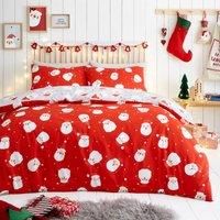 Fusion - Happy Santa Claus Duvet Cover - King Bedding Size (230 x 220cm) - Reversible (2 Colours) 2x Pillowcases Included - Easy Care Red Christmas Bedding with Father Christmas - Christmas Decor