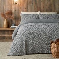 Fusion - Grey Teddy Fleece Duvet Cover - Single Bedding Size (140 x 200cm) - Reversible Design - Dark Grey Jacquard Duvet Cover - Geometric Square Tufted Bedding - Super Soft & Cosy Fleece