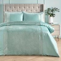 SOIREE - Duck Egg Quilted Velvet & Satin Blend Duvet Cover - Super King Bedding Size (260 x 220cm) - 2x Pillowcases - Luxury Bedding - Pinsonic/Ultrasonic Patterned Duvet Cover - Duck Egg Bedding