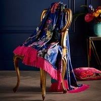 Laurence Llewelyn-Bowen - Sapphire Blue Floral Throw Blanket (130 x 180cm) - Reversible Designs - Botanical Velvet Throw Blanket in Blue - Tassel Throw Blanket for Living Room/Bedroom - Luxury Bedding