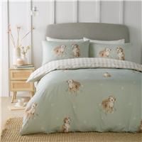 Fusion - Hattie The Cockapoo Duvet Cover - King Bedding Size (230 x 220cm) - Reversible Designs (Gingham) - 2 Pillowcases - Green Bedding with Dogs - Checkered/Plaid Duvet Cover in Natural