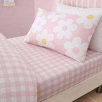 Bedlam - Pink Check Bed Sheet - Single Fitted Sheet (190 x 90 x 25cm) - Gingham Plaid Fitted Sheet in Pink - Floral Bedding for Girls - Floral Pink Bedroom Accessories - Bed Sheet with Flowers