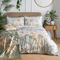 SOIREE - Gold/White Floral Duvet Cover - Double Bedding Size (200 x 200cm) - Soft Touch 100% Cotton Sateen Bedding - 200 Thread Count - Luxury Bedding - 2x Pillowcases - White Bedding with Flowers