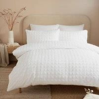Serene Duvet Cover Set, 100% Recycled Polyester, Double Size 200x200cm, White, Embossed Grid Pattern, Button Closure, 2 Pillowcases