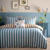 Appletree Heritage Duvet Cover Set, 100% Cotton, Double 200x200cm, Teal, Striped Pattern with Frill Detail, 68 Pick Thread Count