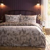 Dreams & Drapes Lodge Alpine Stag Duvet Cover Set, 100% Brushed Cotton, Single 140x200cm, Natural, Hand-Drawn Mountain Lodge Print, Orange