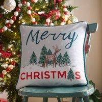 Fusion Velvet Filled Cushion, Merry Christmas Deer Pattern, Decorative, 1 Count, 43 x 43 cm, Green, Recycled Polyester, Square, Christmas Theme