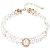 Lovii Women's Vintage Double-Layer Pearl Choker with Oval Pendant in White | Size: Standard