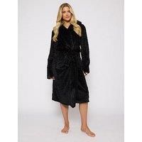 Loungeable Ribbon Trim Luxury Fleece Hooded Maxi Dressing Gown In Black