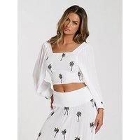South Beach Embroidered Shirred Long Sleeve Top - White