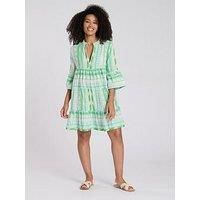 South Beach Jacquard 3/4 Sleeve Tiered Mini Dress - Green