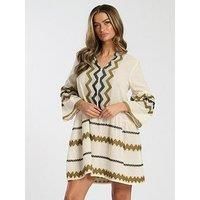 South Beach Jacquard Drop Hem Tiered Mini Dress In Khaki