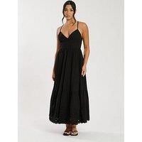 South Beach Dobby Broderie Strappy Back Midi Dress - Black