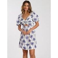 South Beach Printed Twist Front Puff Sleeve Mini Dress - White