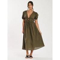 South Beach Tie Front Short Sleeve Midi Dress - Khaki