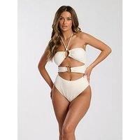 South Beach Textured Ring Detail Halter Swimsuit - Cream