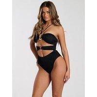 South Beach Wave Rib Ring Detail Halter Swimsuit - Black