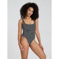 South Beach Stripe Crinkle Belted Swimsuit - Black